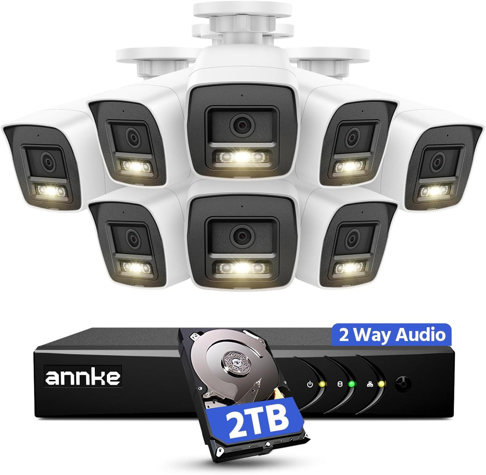 2MP Two-Way Audio Security Camera System, 8CH 3K Lite DVR, 8Pcs 1080P CCTV White
