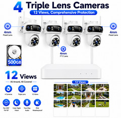 Triple Lens Security Camera Outdoor 4-Cam System 3K WiFi IP PTZ Auto Tracking