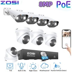 ZOSI 4K 8CH NVR 8MP IP POE Security Camera System AI Alerts Audio 2TB HDD IP66